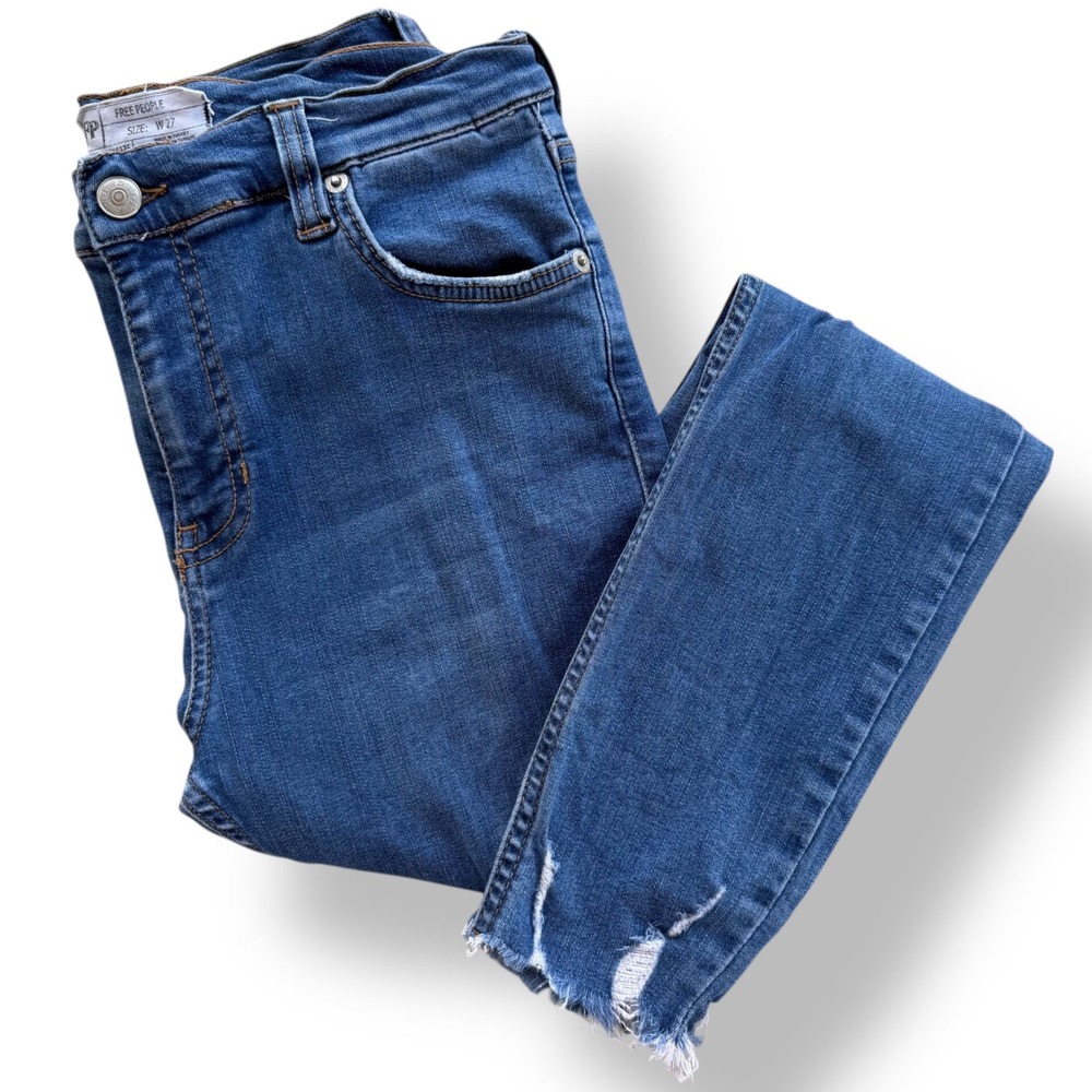 Free People Women 27 Medium Wash Blue Raw Hem Distressed Shark Bite Skinny Jeans